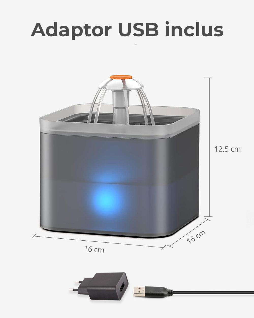 Fântână de apă Fish & Paws 2L, ultra-silențioasă, cu filtru și LED