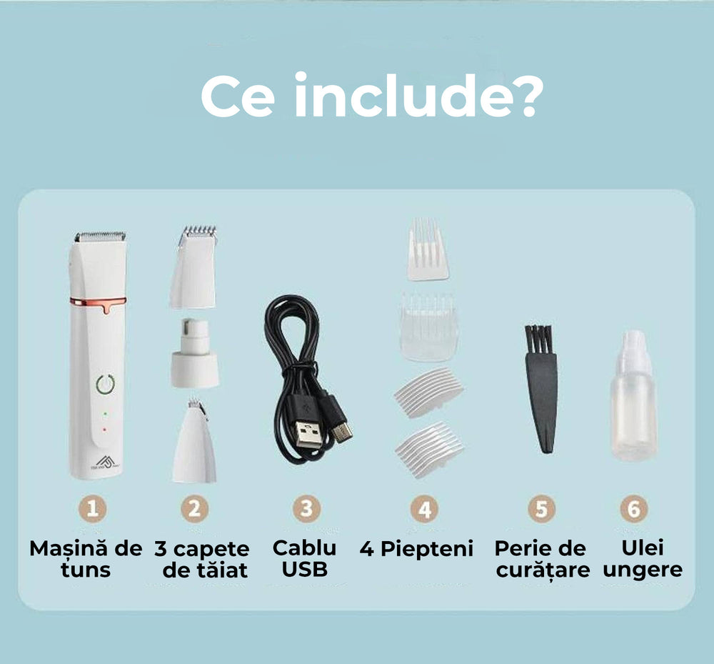 Mașină de Tuns Animale profesională, 4 Funcții, 3 Capete,